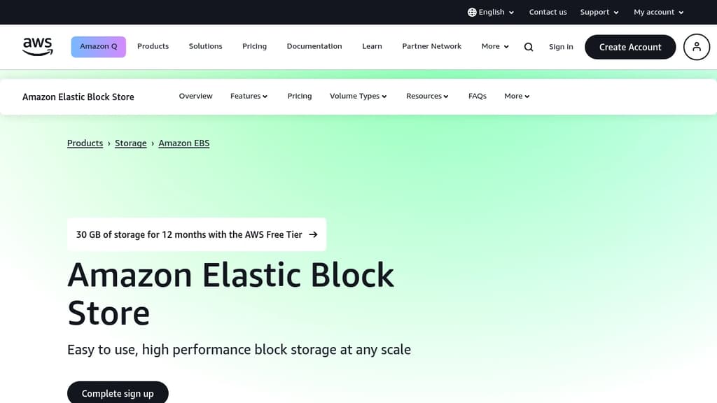 Screenshot of Amazon Elastic Block Store (EBS) website