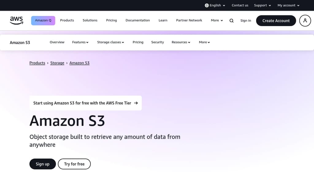 Screenshot of Amazon S3 Cloud Object Storage website