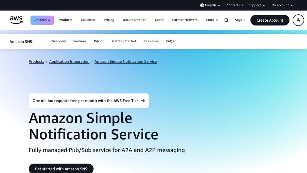 Screenshot of Amazon Simple Notification Service (SNS) website