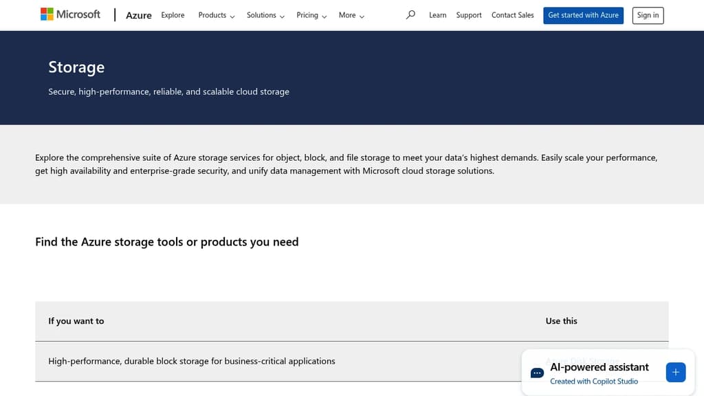 Screenshot of Azure Cloud Storage website