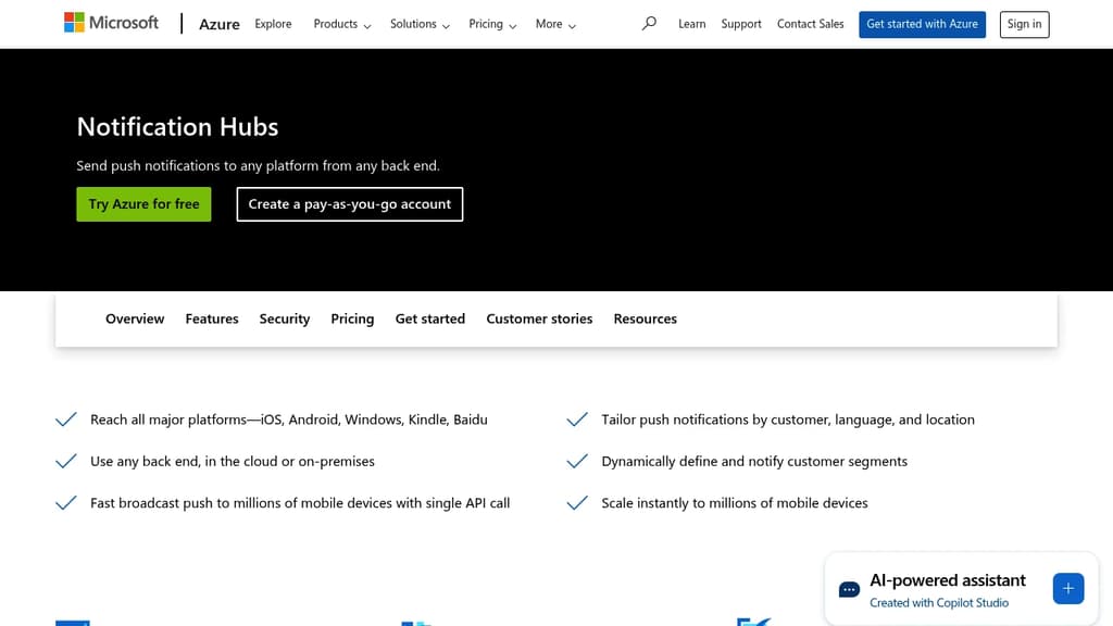Screenshot of Azure Notification Hubs website
