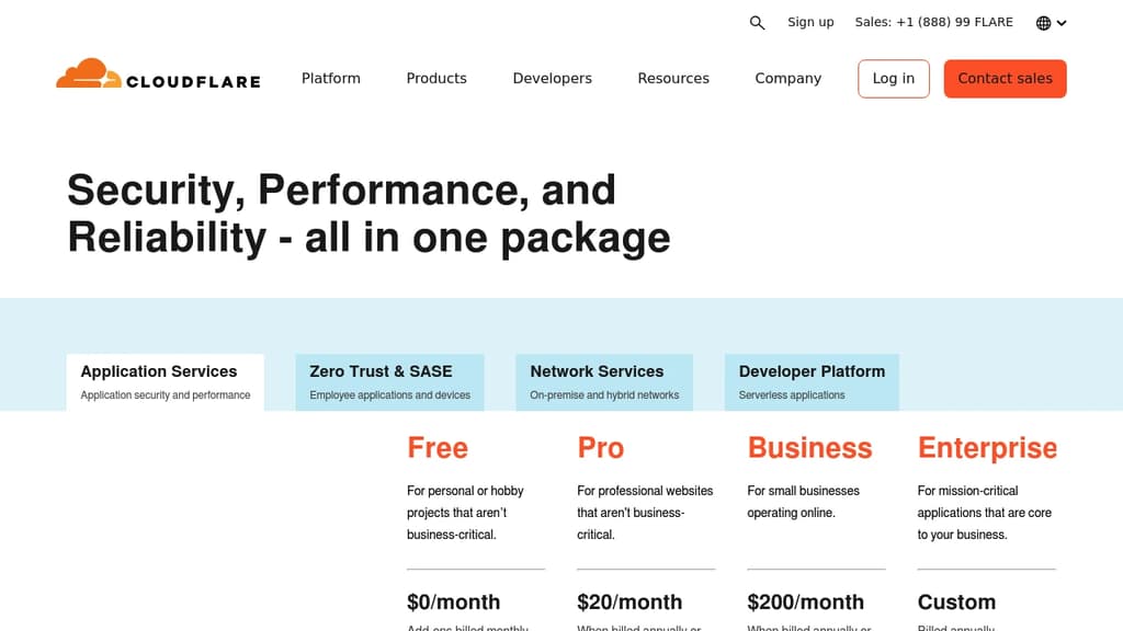 Screenshot of Cloudflare Plans & Pricing website