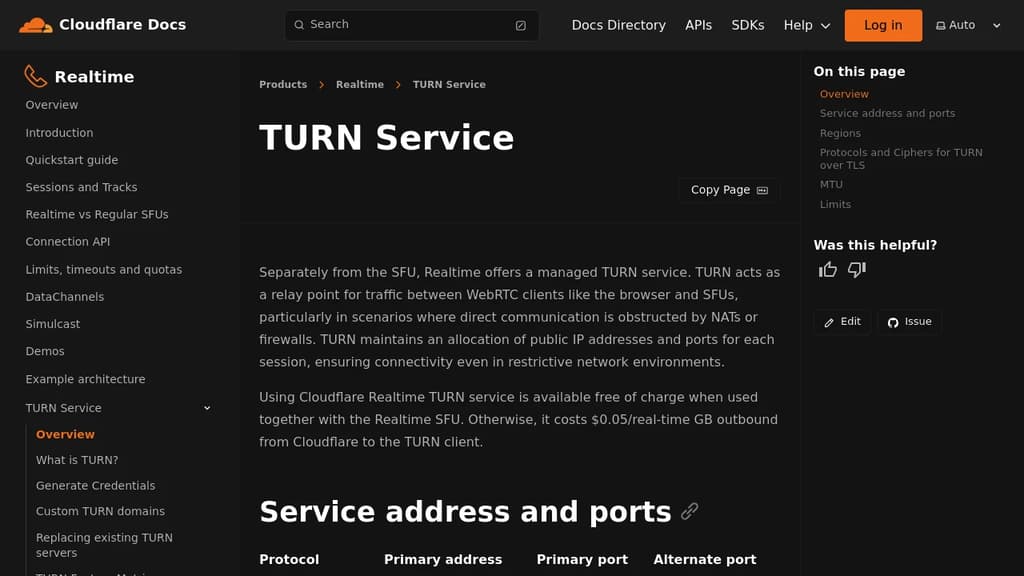 Screenshot of Cloudflare Realtime TURN Service website