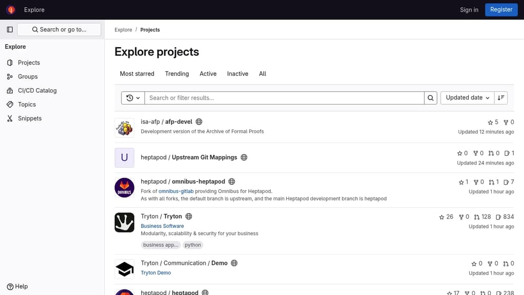 Screenshot of Heptapod Project Explorer website