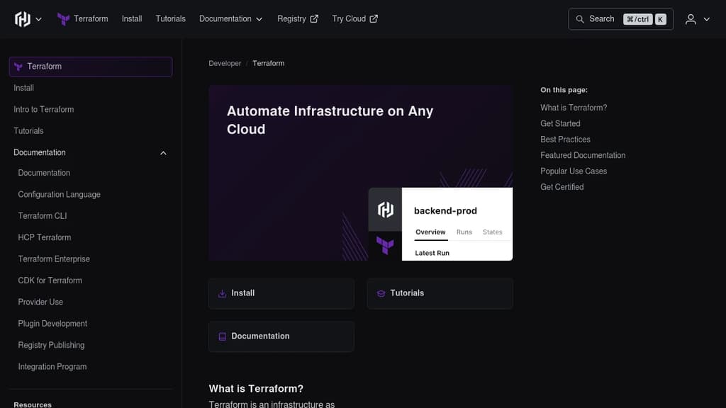 Screenshot of Terraform Infrastructure as Code Platform website