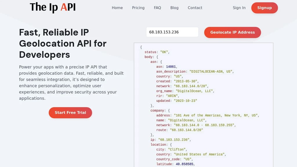 Screenshot of TheIpAPI website