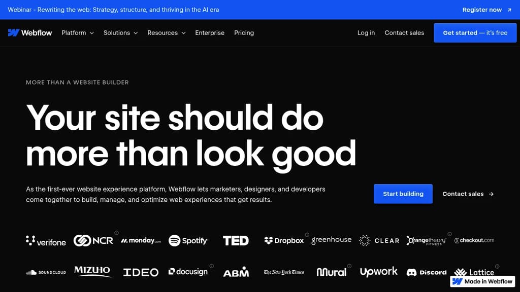 Screenshot of Webflow website